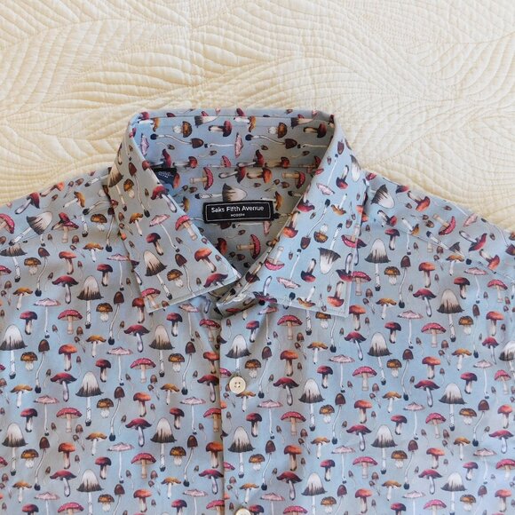 NWT Saks Fifth Ave novelty graphic mushroom print slim fit SS button camp shirt - Picture 3 of 16